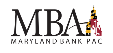 Logo for Maryland Bank PAC featuring the abbreviation "MBA" with the "A" stylized as the Maryland State House dome in the state flag colors; text below reads "Maryland Bank PAC.