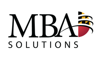 Logo for "MBA Solutions" with stylized text; the "A" is partially overlaid by a semicircle in red, yellow, and black with curved lines, resembling a stylized globe or part of a flag.