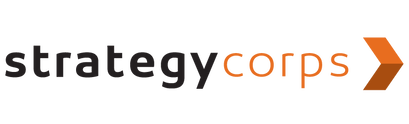 The StrategyCorps logo with "strategy" in black, "corps" in orange, and an orange rightward arrow at the end, on a light background.