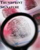 A magnifying glass focuses on a thumbprint on paper, with the words "Thumbprint Signature" in the upper left corner.