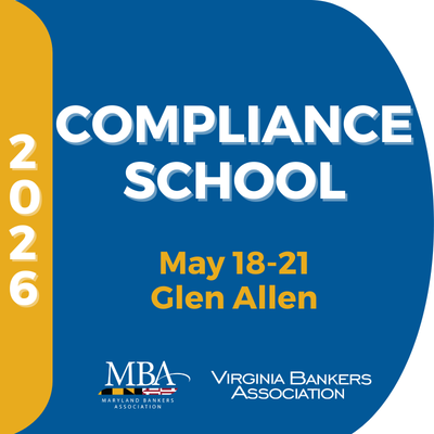 Graphic promoting the 2026 Compliance School, held May 18-21 in Glen Allen, by the Maryland and Virginia Bankers Associations.