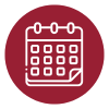 White calendar icon with three rings at the top, shown on a maroon circular background.
