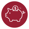 White piggy bank icon with a coin featuring a dollar sign on its back, displayed on a solid maroon circular background.