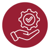 White outline of a hand holding a gear with a check mark inside it, shown on a maroon circular background.
